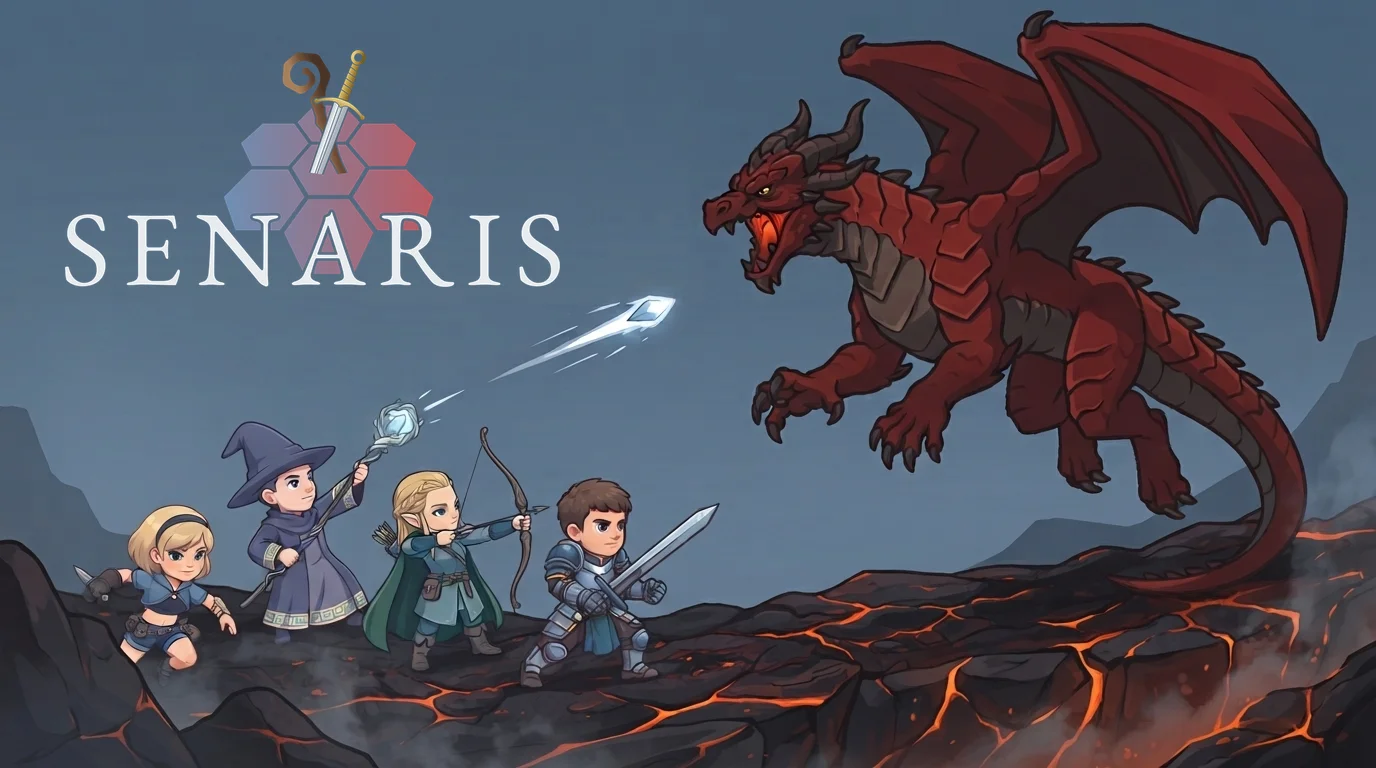Senaris — a party of adventurers faces a red dragon over a lava field